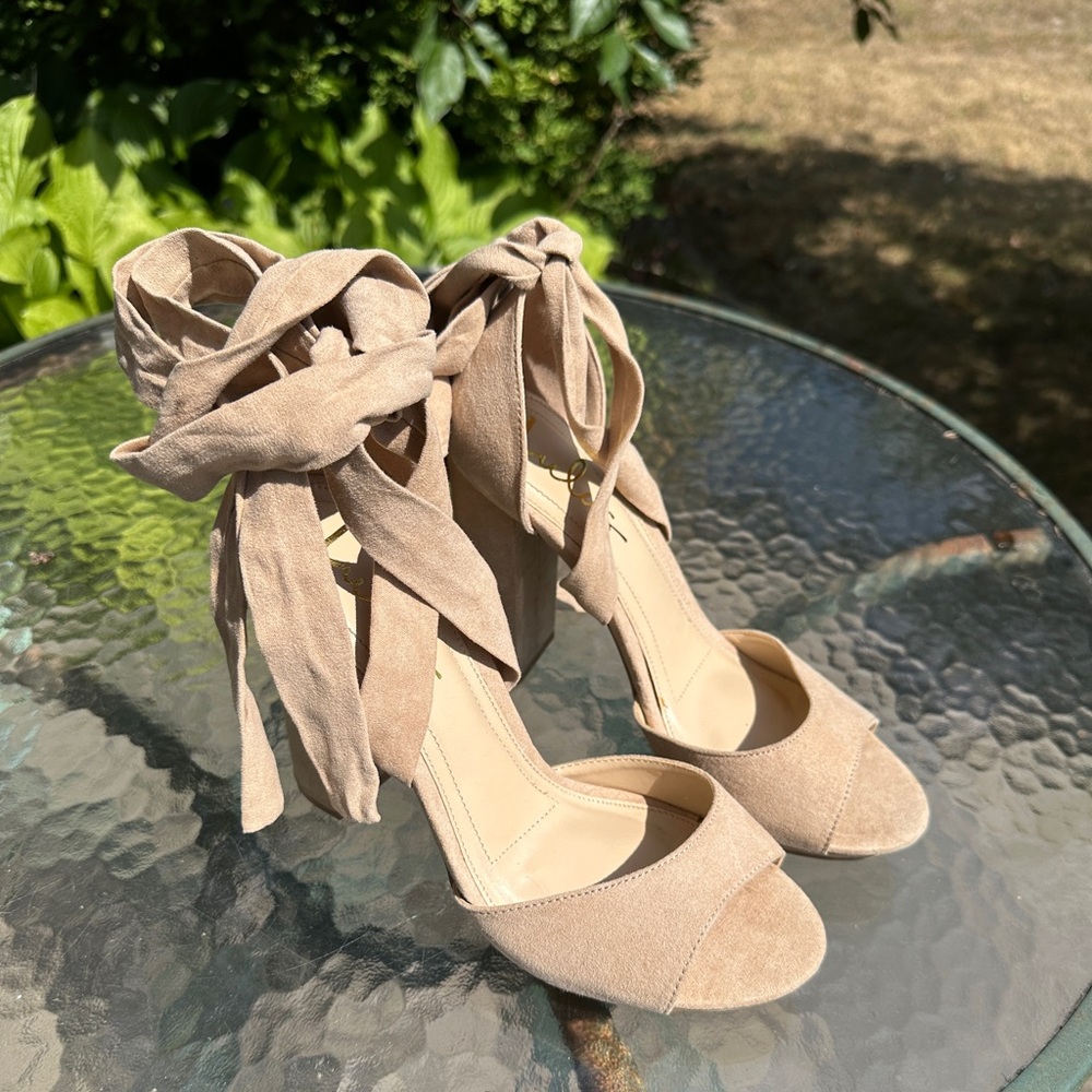 Lulu's wrap around ankle Tan faux Suede Heels